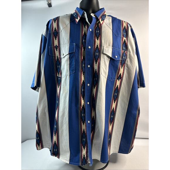 Vintage Wrangler Mens Blue Pearl Snap Aztec Brushpopper Short Sleeve Shirt 2XL - Picture 1 of 15